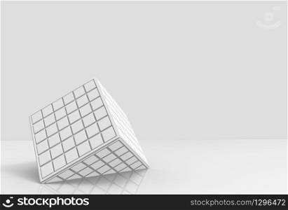 3d rendering. white square tiles pattern cube box fall down on gray copy space background.
