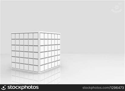 3d rendering. white square tiles pattern cube box on gray copy space background.