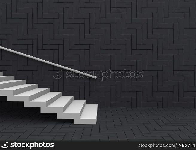 3d rendering. White staircase on dark square pattern wall and floor background.