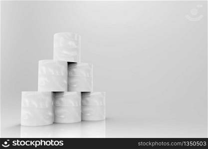 3d rendering. White tissue paper rolls stack on gray background.