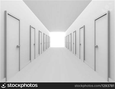 3d rendering. White tone Hallway and many doors with light and the end of the way. several Selection to the goal or success in business concept.