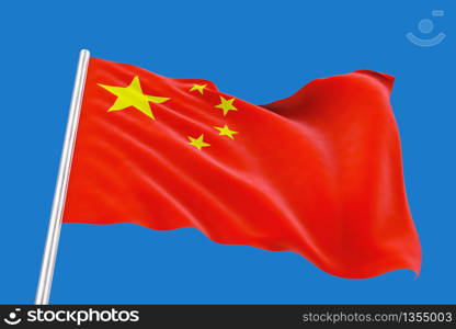 3d rendering. Windy waving China national flag with clipping path isolated on blue sky background.
