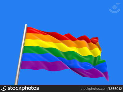 3d rendering. Windy waving LGBTQ rainbow flag with clipping path isolated on blue sky background.