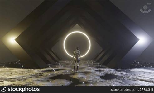 3D Rendering. Woman standing in front of a big portal to another dimension, against a glowing universe of energy. Space Travel Man Inside Dark Corridor. A science fiction, mystical concept. 3D Rendering. Woman standing in front of a big portal to another dimension, against a glowing universe of energy