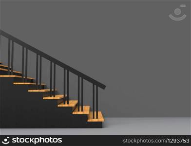 3d rendering. wood panel on black stairs with copy space gray wall as background.