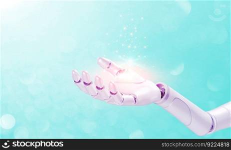3D robotic hand getting glowing beautiful blue light on hand on defocus abstract blue background, Ai Artifical intelligence trying emulate human emotion