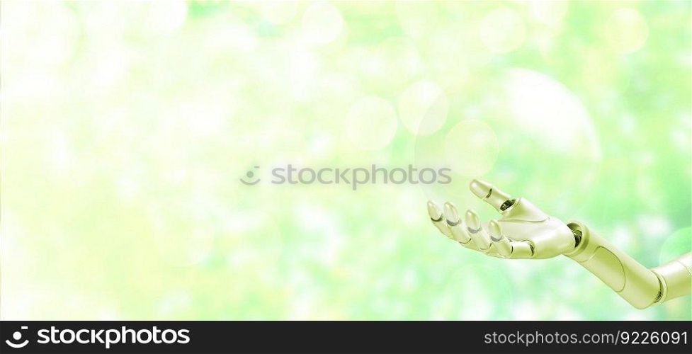 3D robotic hand holding transparent ball on bokeh background , eco concept