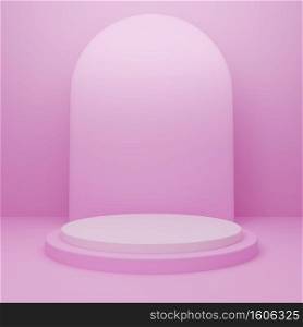 3d round podium or pedestal with blue empty studio room, minimal product background, template mock up for display, valentines day, geometric shape