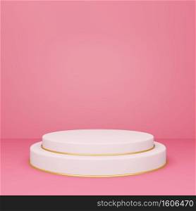 3d round podium or pedestal with red empty studio room, minimal product background, template mock up for display, valentine’s day