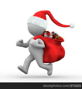 3d santa claus run with a sack with gifts