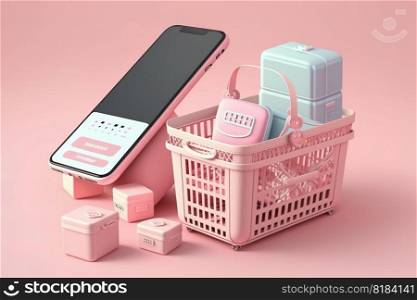 3D Shopping online business , shopping baskets and parcel box , smartphone for online delivery in shopping trolley cart supermarket , Generate Ai