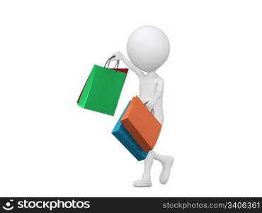 3d shopping person holding bags - isolated over a white background