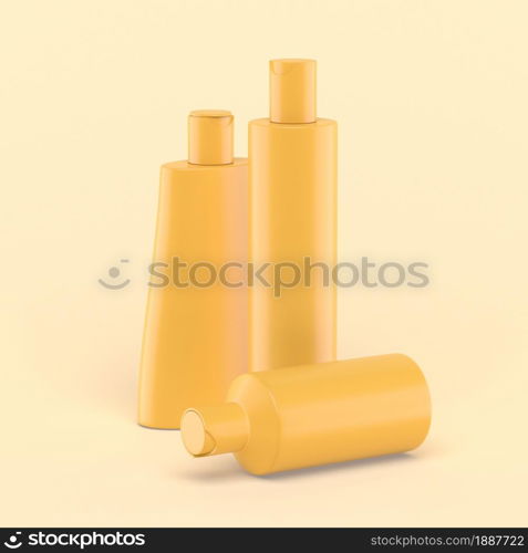 3d shower bottle icons. Simple group on pastel yellow background for soap shampoo sun cosmetics. Minimal concept. 3d rendering. 3d shower bottle icons. Simple group on pastel yellow background for soap shampoo sun cosmetics. Minimal concept.