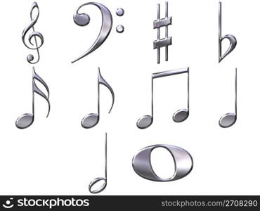 3d silver music notes isolated in white