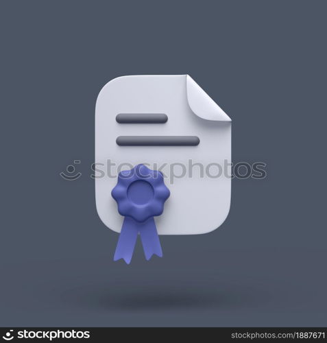 3d simple certificate or diploma icon with blue stamp and bent corner on grey pastel background. Hight quality 3d illustration or render.. 3d simple certificate or diploma icon with blue stamp and bent corner on grey pastel background. Hight quality 3d illustration.