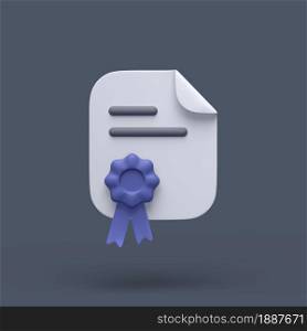 3d simple certificate or diploma icon with blue stamp and bent corner on grey pastel background. Hight quality 3d illustration or render.. 3d simple certificate or diploma icon with blue stamp and bent corner on grey pastel background. Hight quality 3d illustration.