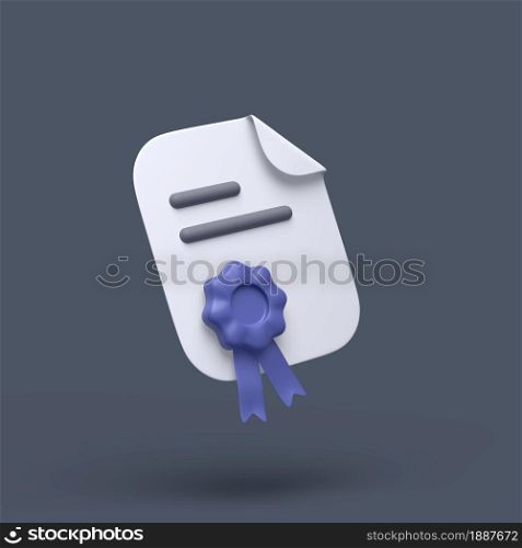 3d simple certificate or diploma icon with blue stamp and bent corner on grey pastel background. Hight quality 3d illustration or render.. 3d simple certificate or diploma icon with blue stamp and bent corner on grey pastel background. Hight quality 3d illustration.