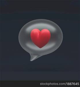 3d simple heart in transparent message bubble on dark pastel background. Hight quality realistic 3d render. 3d simple heart in transparent message bubble on dark pastel background. Hight quality 3d render