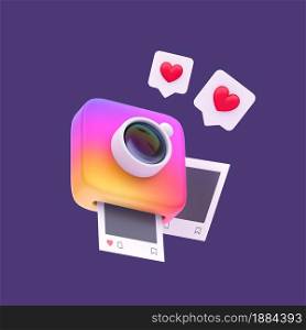 3d simple rainbow snapshot camera with white lens. pictures and likes on pastel background. Isolated hight quality 3d illustration.. 3d simple rainbow snapshot camera with white lens. pictures and likes on pastel background.