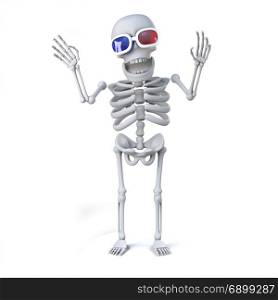 3d Skeleton watches a 3d movie in glasses