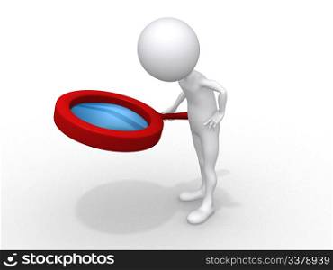 3d small people holds a magnifier. 3d image. Isolated white background.