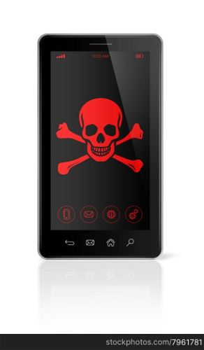 3D smart phone with a pirate symbol on screen. Hacking concept. smart phone with a pirate symbol on screen. Hacking concept