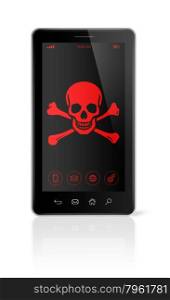 3D smart phone with a pirate symbol on screen. Hacking concept. smart phone with a pirate symbol on screen. Hacking concept