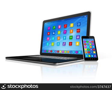 3D Smartphone and Laptop isolated on white with clipping path. Smartphone and Laptop