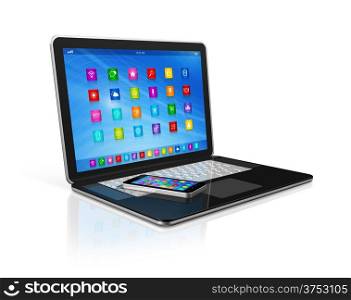 3D Smartphone and Laptop isolated on white with clipping path. Smartphone and Laptop