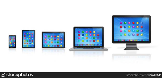 3D Smartphone, Digital Tablet Computer, Laptop and Monitor isolated on white with clipping path