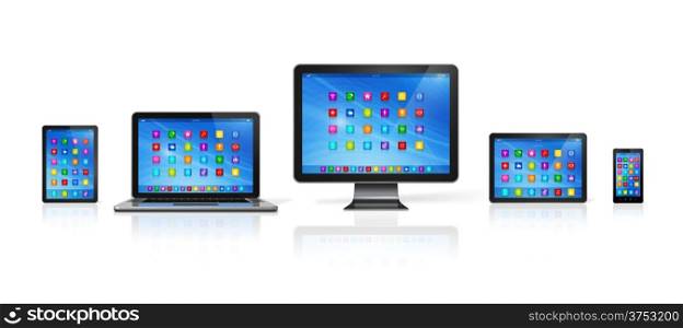 3D Smartphone, Digital Tablet Computer, Laptop and Monitor isolated on white with clipping path