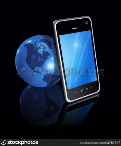3D smartphone, mobile phone and world globe isolated on black