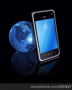 3D smartphone, mobile phone and world globe isolated on black