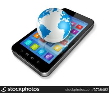 3D smartphone, mobile phone and world globe isolated on white
