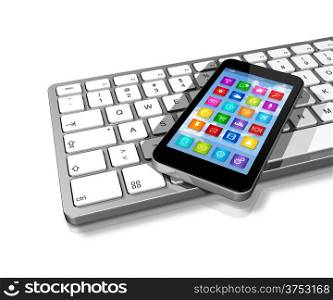 3D Smartphone on Computer Keyboard. Smartphone on Computer Keyboard