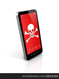 3D smartphone with a pirate symbol on screen. Hacking concept. smartphone with a pirate symbol on screen. Hacking concept
