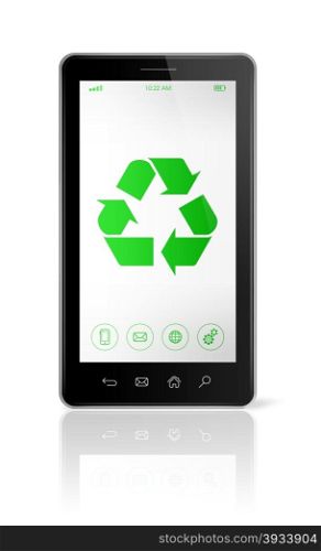 3D Smartphone with a recycle symbol on screen. ecological concept. Smartphone with a recycle symbol on screen. ecological concept
