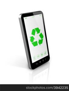 3D Smartphone with a recycle symbol on screen. environmental conservation concept. Smartphone with a recycle symbol on screen. environmental conservation concept