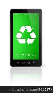 3D Smartphone with a recycling symbol on screen. environmental conservation concept. Smartphone with a recycling symbol on screen. environmental conservation concept