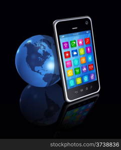 3D Smartphone with apps icons And World Globe isolated on black. Smartphone with apps icons And World Globe