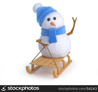3d Snowman in blue wool riding and waving on a sled. 3d render of a snowman in blue wool riding and waving on a sled