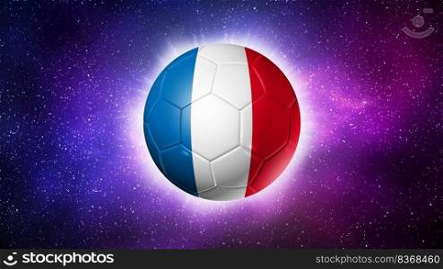 3D soccer ball with France team flag, football 2022. Space background. Illustration. Soccer football ball with France flag. Space background. Illustration