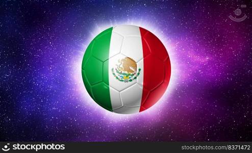 3D soccer ball with Mexico team flag, football 2022. Space background. Illustration. Soccer football ball with Mexico flag. Space background. Illustration