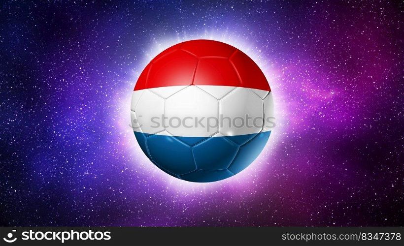 3D soccer ball with Netherlands team flag, football 2022. Space background. Illustration. Soccer football ball with Netherlands flag. Space background. Illustration
