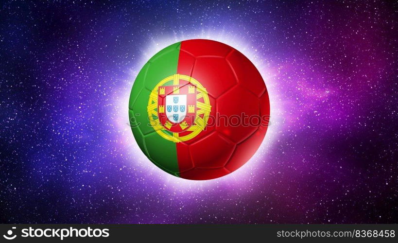 3D soccer ball with Portugal team flag, football 2022. Space background. Illustration. Soccer football ball with Portugal flag. Space background. Illustration