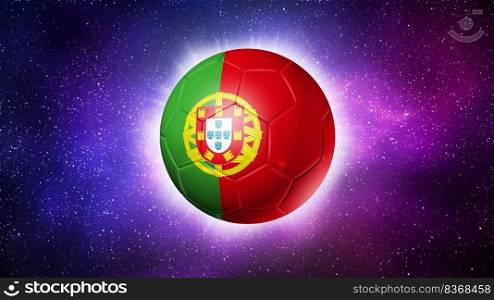 3D soccer ball with Portugal team flag, football 2022. Space background. Illustration. Soccer football ball with Portugal flag. Space background. Illustration