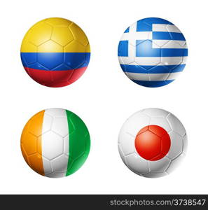 3D soccer balls with group C teams flags, Football world cup Brazil 2014. isolated on white