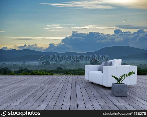 3d sofa on sundeck which have mountain view as background