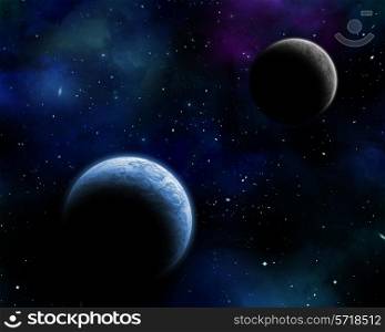3D space background with fictional planets in a night sky