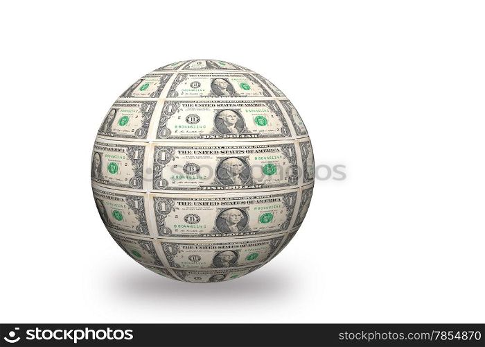 3D Sphere made of one dollar bills on white background